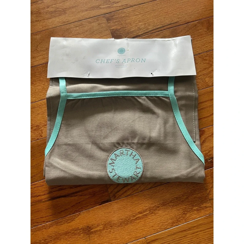Vtg Martha Stewart Collection Chef's Apron Taupe Mint Green 100% Cotton NWT